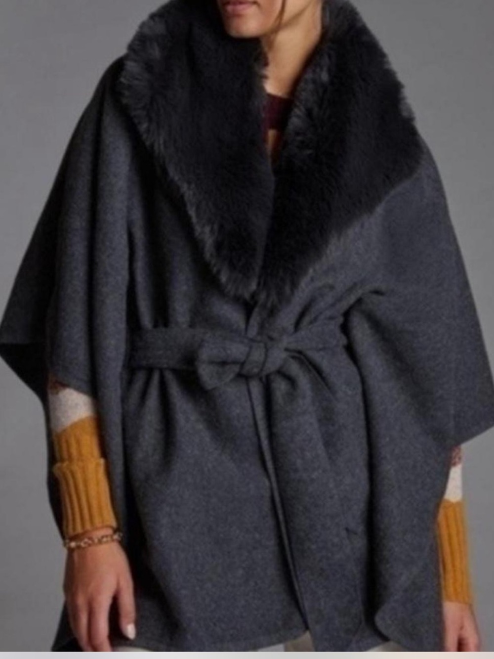 Dark Charcoal Wool Wrap Cape Jacket with Faux Fur Collar